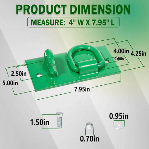 Product dimensions showing Heavy Duty Bolt On Tractor Bucket Hook Grab Hooks D Rings with measurements 4" W x 7.95" L.