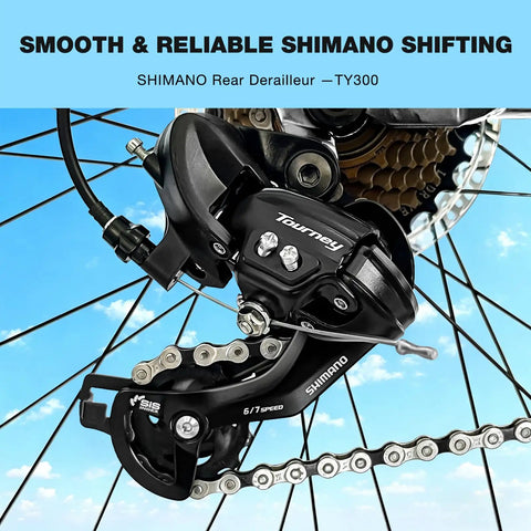 Close-up of Shimano rear derailleur on Women’s 26 Inch Mountain Bike For Adults with 21-speed shifting and steel frame.