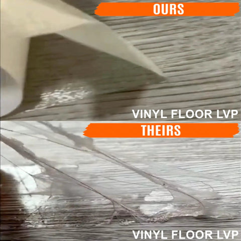Comparison of Double Sided Carpet Tile Tape 2 In By 90 Ft Heavy Duty With Reinforced Web Mesh on vinyl floors, ours versus theirs.