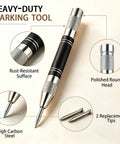 Kickass Five Inch Automatic Center Punch With Heavy Duty Rustproof Steel Body Adjustable Spring Tension And Two Extra Bits For Hella Precise Marking On Iron Or Wood In Your Project showing polished round head and replacement tips.