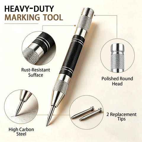 Kickass Five Inch Automatic Center Punch With Heavy Duty Rustproof Steel Body Adjustable Spring Tension And Two Extra Bits For Hella Precise Marking On Iron Or Wood In Your Project showing polished round head and replacement tips.