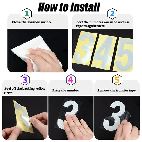 Instruction steps for applying Large 3 Inch Reflective Mailbox Numbers Set on a surface using self-adhesive vinyl digits.