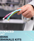 Person holding colorful wires from 96 Piece Heat Shrink Wire Connectors Kit with Insulated Ring Terminals Waterproof Crimp Set.