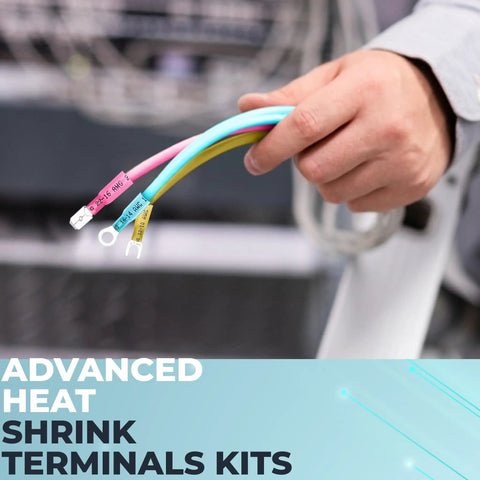 Person holding colorful wires from 96 Piece Heat Shrink Wire Connectors Kit with Insulated Ring Terminals Waterproof Crimp Set.