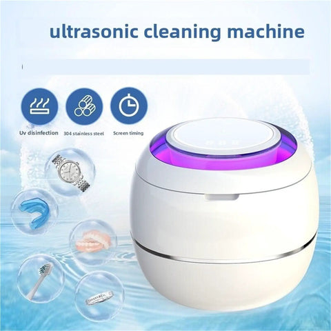Sleek Ultrasonic Cleaner Kicks Deep Grime From Retainers Mouth Guards And Braces With Dual Modes for Jewelry Watches and Toys in a compact white pod.