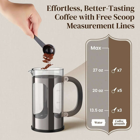 French Press Coffee Maker 34 Ounce Plastic Free Brewing Surface With Thickened Glass And Stainless Steel in use with scoop, dark pewter finish