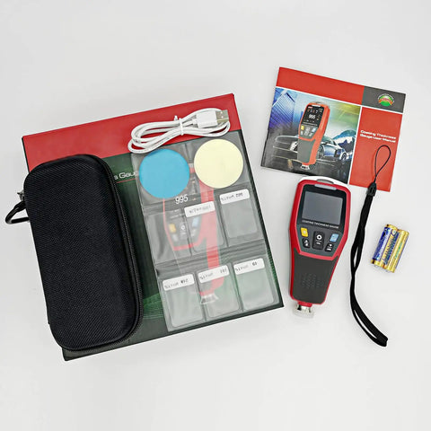 Must-Have Paint Thickness Gauge For Cars With Auto Rotating Display And Ferrous And Non Ferrous Substrate Recognition, 1250 Micron Range And 0.1 Micron Resolution, Zero And Two Point Calibration, Custom High Low Alarms. Red coating thickness gauge kit with case