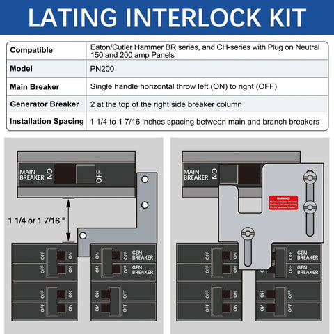 Diagram of generator interlock kit for Eaton Cutler Hammer BR series panels with one and a quarter to one and a sixteenth inch spacing