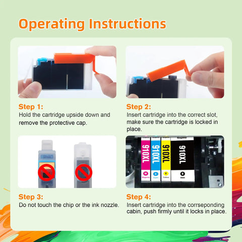Operating instructions for installing 910XL Ink Cartridges Combo Pack For OfficeJet Pro Printers Black And Color 4 Pack