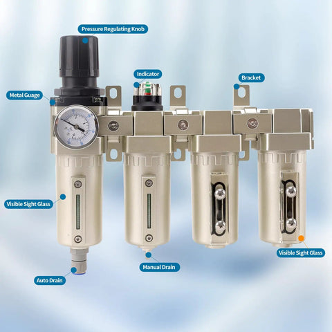 Half Inch NPT Top-Notch Pro Grade Four Stage Air Dryer System with Auto Drain, visible sight glass, and pressure knob