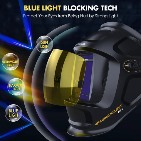 Auto Darkening Welding Helmet With Large Viewing Area 3.94 x 3.66 Inches, True Color Optical Clarity, showcasing blue light blocking technology