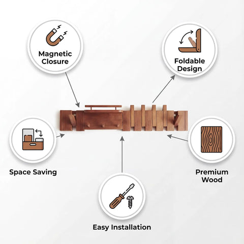 Dope Mid Century Modern Walnut Foldable Entryway Wall Coat Rack With Shelf And 9 Hooks shown with premium wood and foldable design features.