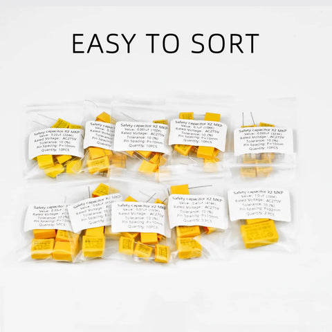 Assorted Polypropylene Safety Capacitors Kit DIP 275V AC X2 MKP 77 Piece with labels and 'Easy to Sort' text