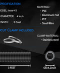 4 Inch Flexible Dryer Vent Hose 3 Feet Long Insulated Air Ducting With PVC Aluminum Foil Easy Install No Nonsense Heavy Duty Build Includes 2 Clamps For DIY HVAC Ventilation Black, showing hose with clamp.