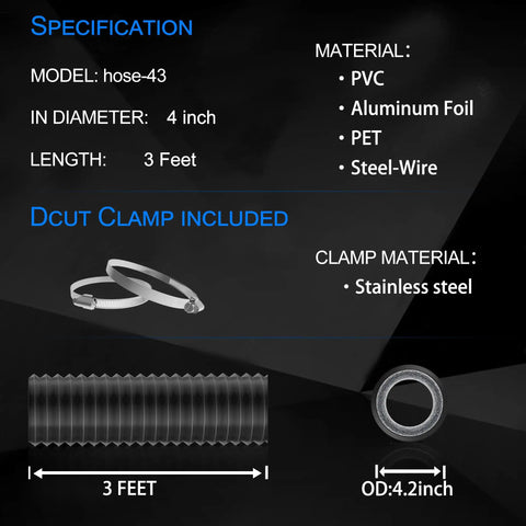 4 Inch Flexible Dryer Vent Hose 3 Feet Long Insulated Air Ducting With PVC Aluminum Foil Easy Install No Nonsense Heavy Duty Build Includes 2 Clamps For DIY HVAC Ventilation Black, showing hose with clamp.