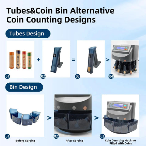 Efficient Coin Counter And Sorter Machine with Tubes and Bin Designs for Smart Modes and Easy Money Sorting and Counting