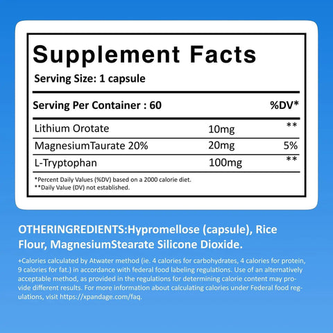 Supplement facts table for Lithium Orotate 10mg With Magnesium Taurate And L-Tryptophan For Brain Health, Mood Support, 60 Day Supply