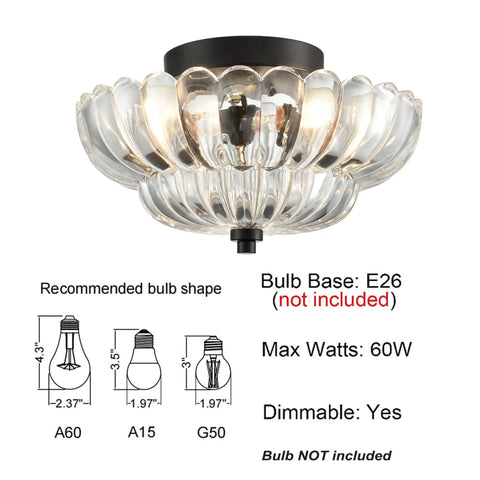 Modern Black Ceiling Light With Scalloped Clear Glass Shade Semi Flush Mount Fixture For Living Room And Hallway Max 60W E26