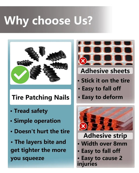 Comparison of tire patching nails and adhesive strips, highlighting the effectiveness of 70 Piece Tire Repair Kit With Plugs And Screwdriver.