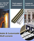 Double Sliding Door Track Hardware Kit With Aluminum Rail For Space Saving Bypassing Door System Ideal For Window Closet And Room Doors Silver Finish 12.8 Ft Long Heavy Duty Nylon And Zinc Alloy Rollers Fits 5/8 To 1 Inch Thick Doors showing aluminum tracks, rollers, and installation scenario.