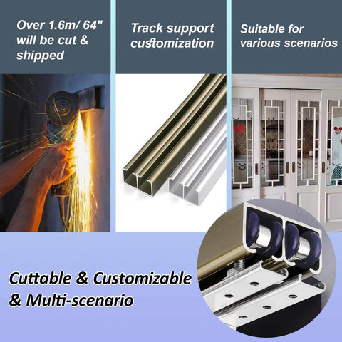 Double Sliding Door Track Hardware Kit With Aluminum Rail For Space Saving Bypassing Door System Ideal For Window Closet And Room Doors Silver Finish 12.8 Ft Long Heavy Duty Nylon And Zinc Alloy Rollers Fits 5/8 To 1 Inch Thick Doors showing aluminum tracks, rollers, and installation scenario.