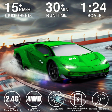Green Remote Control Drift Car One Twenty Four Scale With 2.4GHz Four Wheel Drive High Speed RC Toy Up To 15 KMH on track