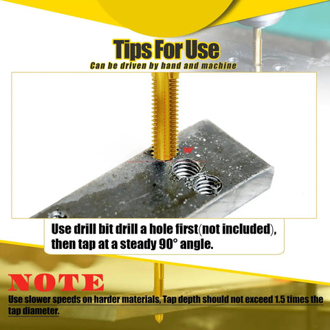 Three Style 12-24 UNC Thread Tap Set in use, threading metal at 90-degree angle with hand tap, instructional detail visible