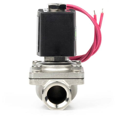 Front view of Beefy Stainless Steel Half Inch Solenoid Valve 12V DC Normally Closed Electric Valve with Viton Seal and Lead Wire