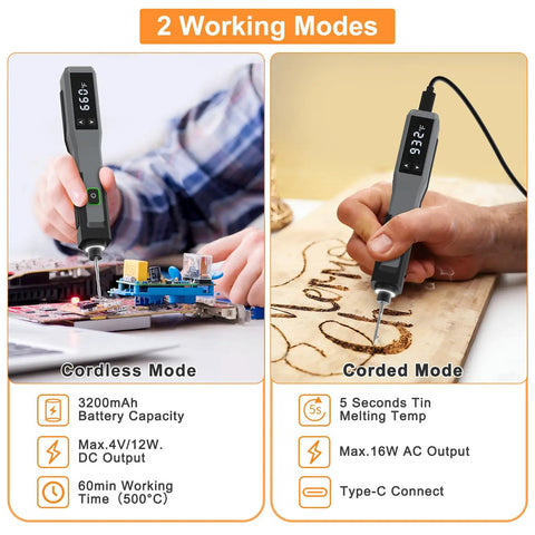 Sweet Cordless Soldering Iron Kit With 5 Second Heat Up shown in cordless and corded modes for electronics and wood burning.