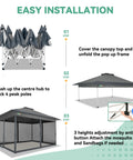 12x12 Ft Pop Up Gazebo With Netting, Easy One Person Setup No Tools Needed In Minutes, 3 Height Settings, installation steps shown