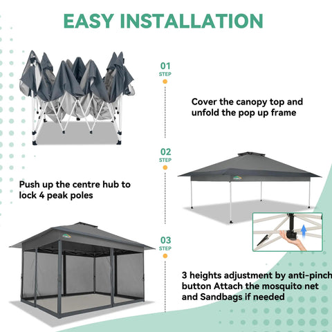 12x12 Ft Pop Up Gazebo With Netting, Easy One Person Setup No Tools Needed In Minutes, 3 Height Settings, installation steps shown