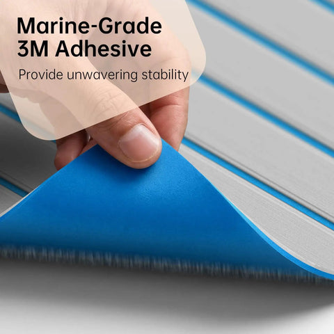 Close-up of Non Slip EVA Boat Decking with 3M Adhesive backing being peeled back to show self-adhesive feature.