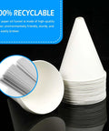 50 Pack Disposable Paper Oil Funnels for Cars and Home, 6oz Engine Oil Funnels shown in a stack, leakproof and recyclable design