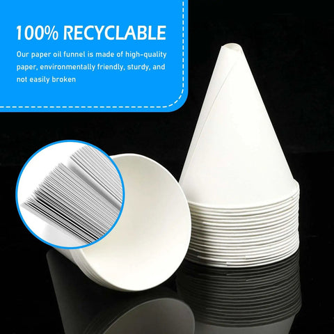 50 Pack Disposable Paper Oil Funnels for Cars and Home, 6oz Engine Oil Funnels shown in a stack, leakproof and recyclable design