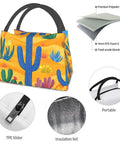 Desert Cactus Pattern Insulated Lunch Bag For Women And Men with zipper, insulation layers, and portable black handles.