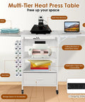 Heavy Duty Three Tier Movable Heat Press Table With Foldable Stand For Heat Transfer Machines Sublimation Printers And Cutting Tasks Hustle Ready Workhorse with laptop, heat press, and vinyl rolls.
