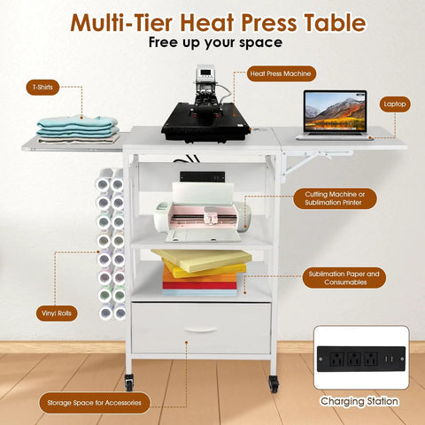 Heavy Duty Three Tier Movable Heat Press Table With Foldable Stand For Heat Transfer Machines Sublimation Printers And Cutting Tasks Hustle Ready Workhorse with laptop, heat press, and vinyl rolls.