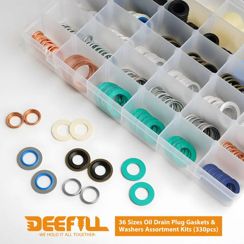 Oil Drain Plug Gasket Kit 36 Size Assortment With 330 Piece Total In Durable 36 Compartment Tackle Box OE Style Washers