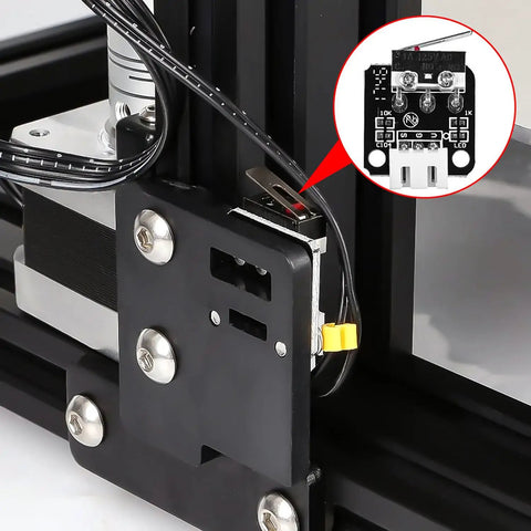 5 Pack 3D Printer Limit Switch Kit For CR 10 And Most Printers N O N C Microswitches 250V 5A installed on a 3D printer frame