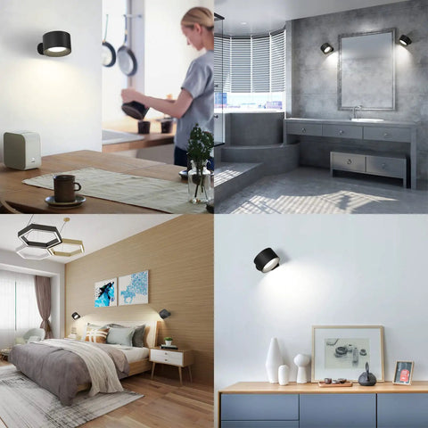 Various room settings featuring a Cordless Battery Powered LED Wall Sconce With Rechargeable Battery No Wires 360 Degree Rotating Magnetic Mount