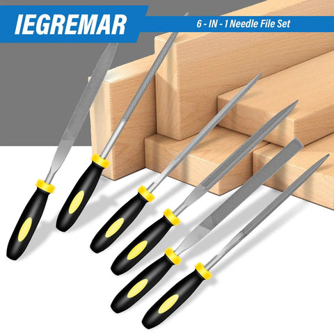 Six Piece Pro Grade Metal Needle File Set Hardened Alloy Steel with two flat, round, half-round, triangle, square, warding files