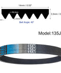 Four Pack 135J6 Poly V Drive Belt For Woodworking Planers showing detailed dimensions and engineering specs.