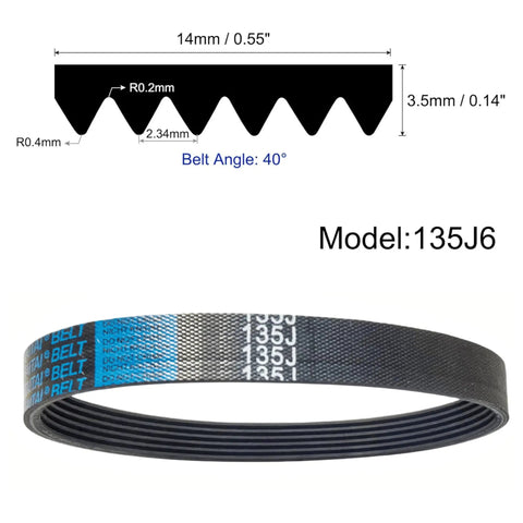 Four Pack 135J6 Poly V Drive Belt For Woodworking Planers showing detailed dimensions and engineering specs.