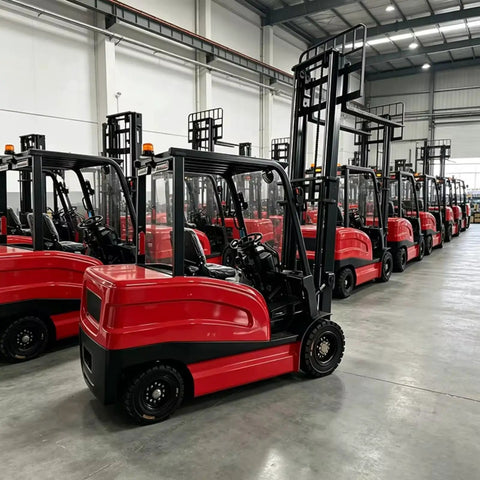Row of red Electric Counterbalance Forklift Workhorse For Warehouse Use Material Handling Lift Truck 1000 To 2000 Kg Capacity