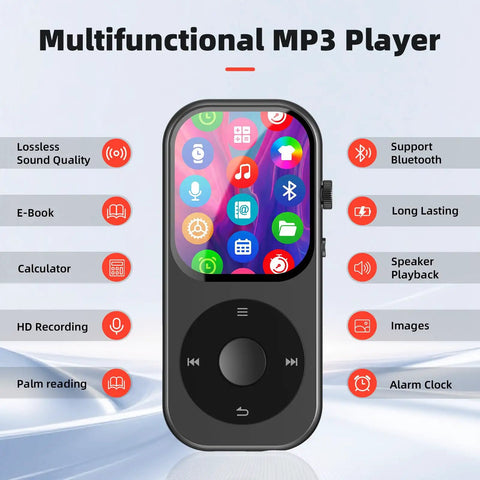 Dope 128GB Bluetooth 5.3 MP3 Player With Built-In Speaker, 2.01-Inch Touchscreen, physical buttons, feature icons, and descriptions.