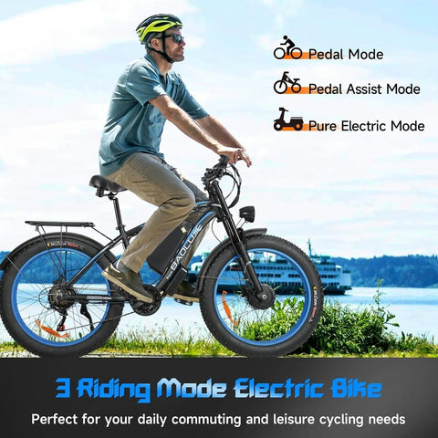 Man riding All Wheel Drive Electric Mountain Bike for Adults with Dual 1500W Motors, 26 by 4 inch fat tires, near water