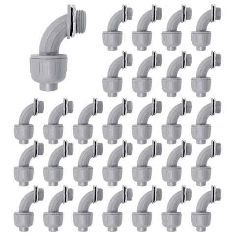 3/4 Inch Liquid Tight PVC Conduit Fittings 30 Pack, 90 Degree Non-Metallic Flexible Connectors arranged in grid.