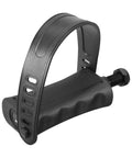 Close-up of black non slip exercise bike pedal with adjustable toe strap and half inch spindle