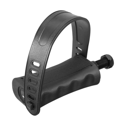 Close-up of black non slip exercise bike pedal with adjustable toe strap and half inch spindle