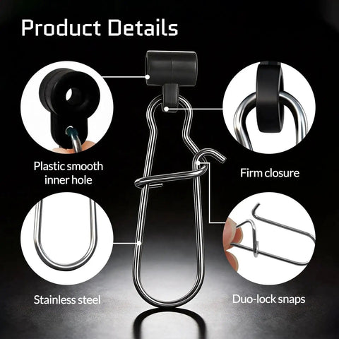 Close-up of Sinker Slides For Fishing Rigs 25 Piece Duo Lock Snaps Set with durable plastic and stainless steel components